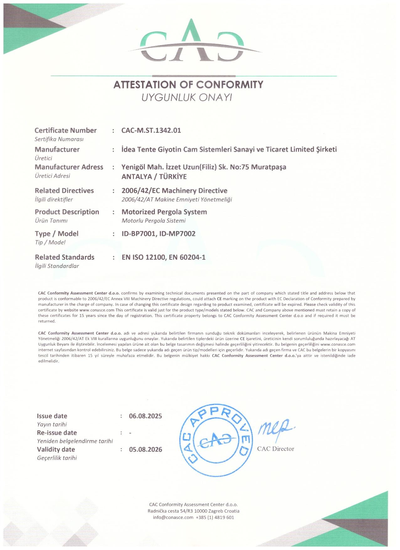 CE Belgesi - Motorlu Pergola Sistemi